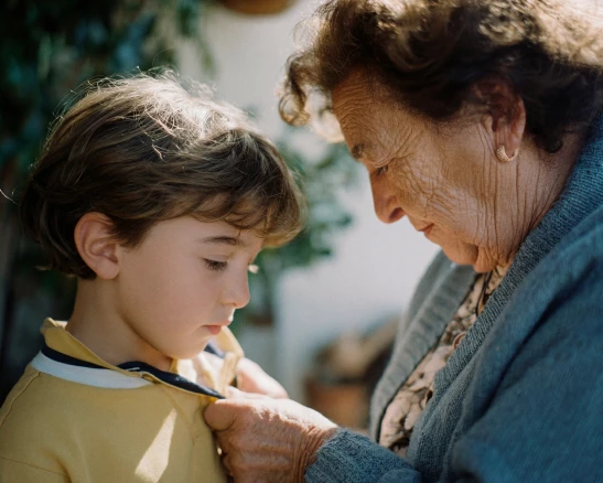 mujer mayor ajustando el cuello del polo amarillo de un niño