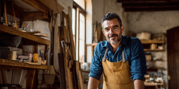accidentes-emprendedor hombre de mediana edad sonriendo con barba y delantal en un taller rústico, rodeado de tablones y herramientas de madera.