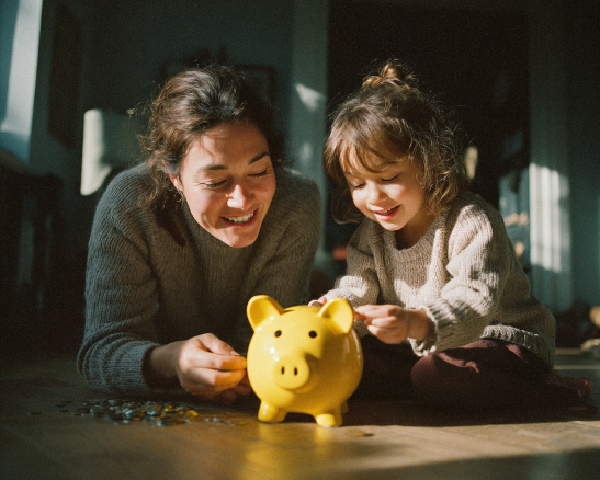 Ahorro Garantizado Infantil Card - Madre e hija ahorrando mujer y niña sonriendo en el suelo junto a una hucha amarilla de cerdo con monedas.