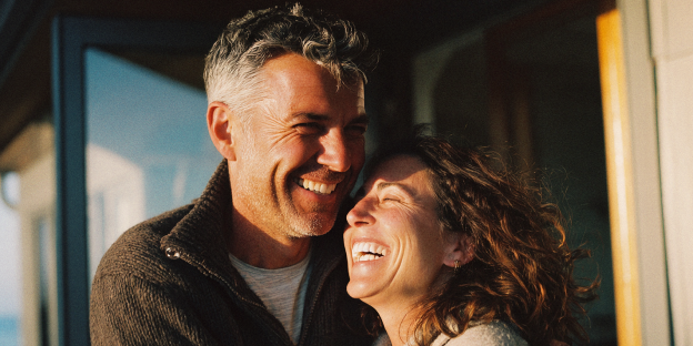 ahorro_inversion_fondvida hombre y mujer adultos en primer plano, sonriendo y riendo. él la está abrazando.