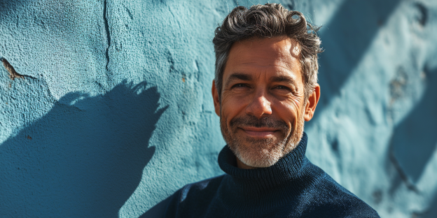 ahorro_jubilacion_ppa retrato de primer plano de hombre sonriente con jersey de cuello alto oscuro y barba contra una pared azul texturizada.