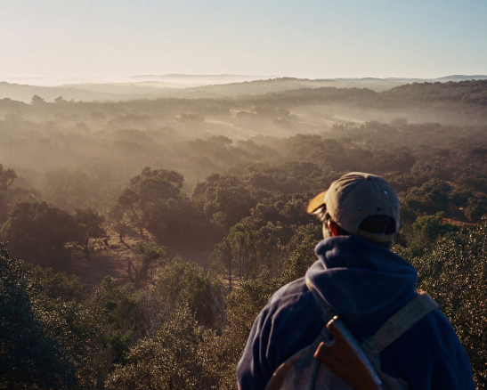 persona con gorra y sudadera, lleva un arma larga en la espalda, observando un paisaje montañoso lleno de niebla y vegetación.