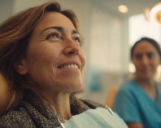 mujer sonriente en silla de dentista con un babero puesto y una asistente en el fondo desenfocado.