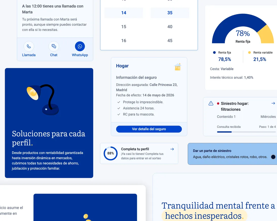 interfaz digital con paneles, gráficos y textos organizados en tarjetas azules y blancas