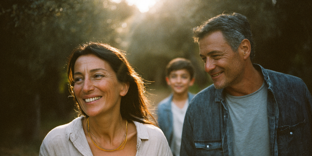 Familia parque hero mujer y hombre caminan sonriendo al aire libre con niño detrás en un entorno natural.