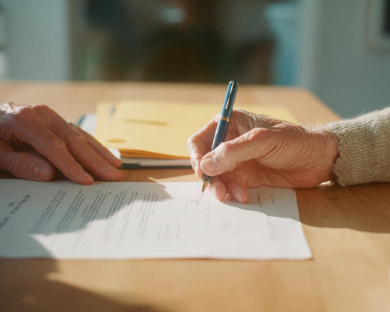 mano firmando documento con pluma estilográfica sobre mesa de madera. otra mano y carpetas amarillas al fondo.