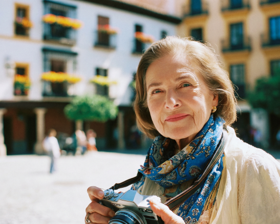 mujer mayor sonriente sostiene una cámara réflex y lleva un pañuelo azul. fondo de plaza pública y edificios.