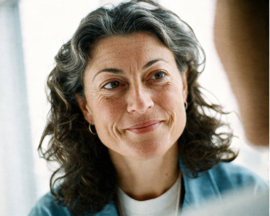 primer plano de mujer sonriendo con pelo rizado canoso y chaqueta azul claro, pendiente de aro, parte de otra persona visible.