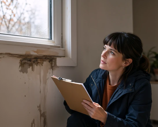 mujer con un portapapeles mirando manchas de humedad en la pared junto a una ventana