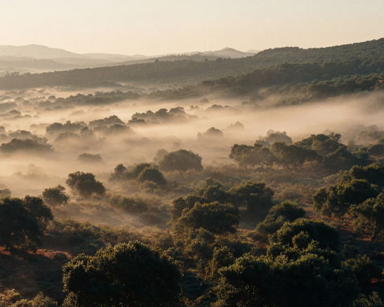 paisaje de colinas con árboles pequeños. niebla cubriendo el suelo entre la vegetación bajo luz solar baja.