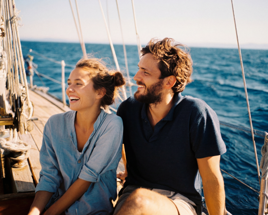 un hombre y una mujer sonrientes sentados en la cubierta de un velero navegando en el mar azul.