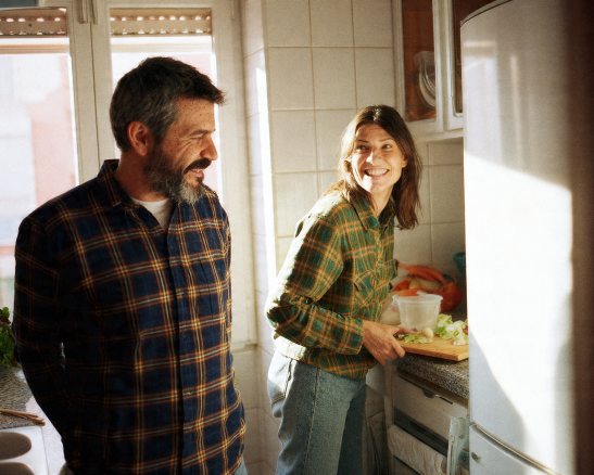 hombre con barba sonríe a mujer con tabla de cortar y verduras en una cocina. luz del sol entra por la ventana.